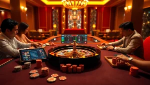 Engaging gamblers checking real-time results on trang 7m at a luxurious casino table.