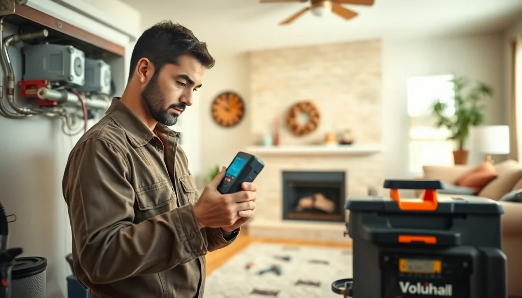 Experienced technician providing heating repair south salem service in a comfortable living room.