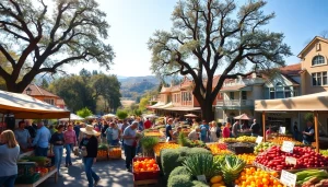 Engage with the vibrant farmer's market in Clarksburg, CA, featuring fresh local produce and charming architecture.