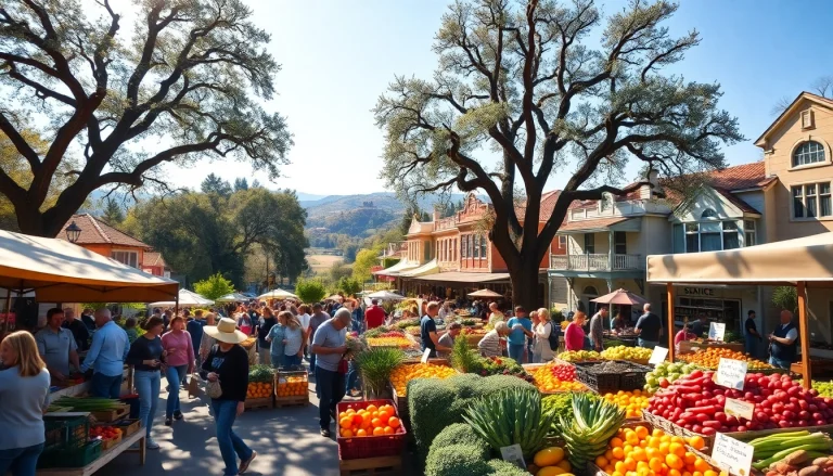 Engage with the vibrant farmer's market in Clarksburg, CA, featuring fresh local produce and charming architecture.