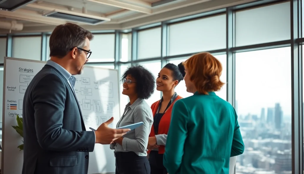 Crisis management consultant advising a team with strategic plans in a modern office.