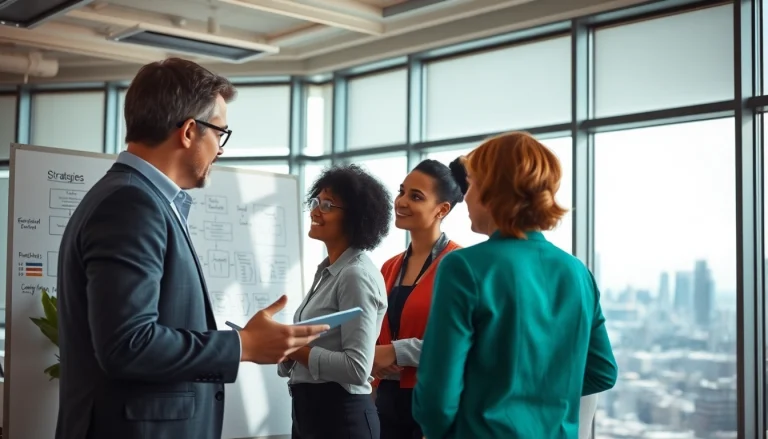 Crisis management consultant advising a team with strategic plans in a modern office.