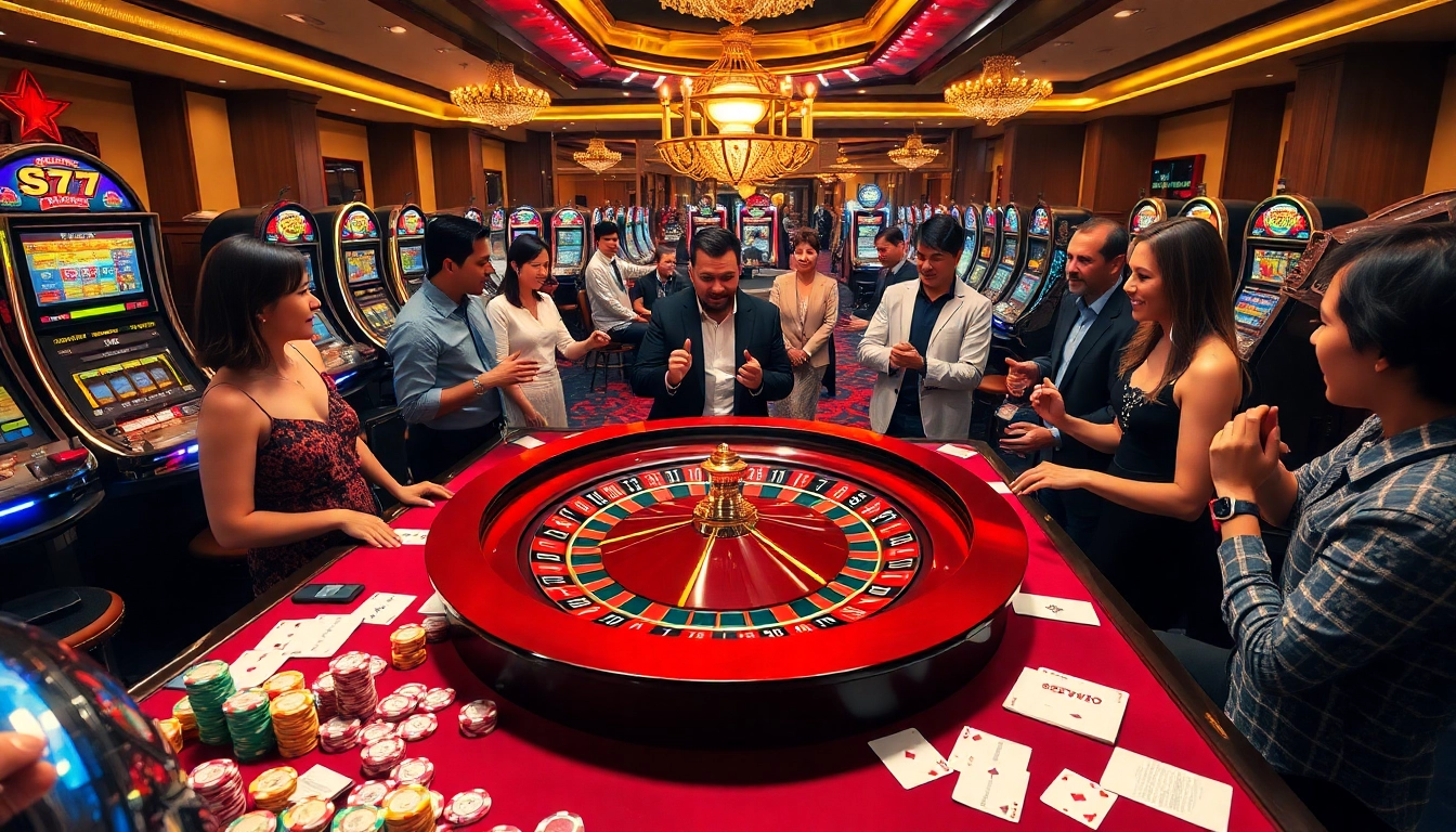 Players experiencing excitement at roulette while celebrating seven77 wins in a luxurious casino.
