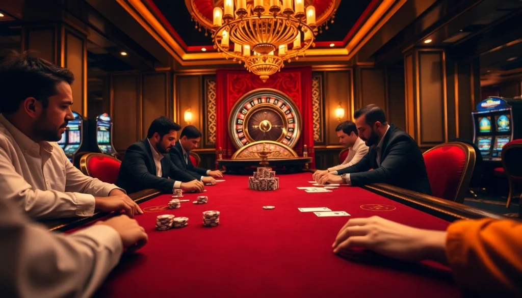 Players engaging in a high-stakes poker game at mm88 vin's luxurious casino environment.