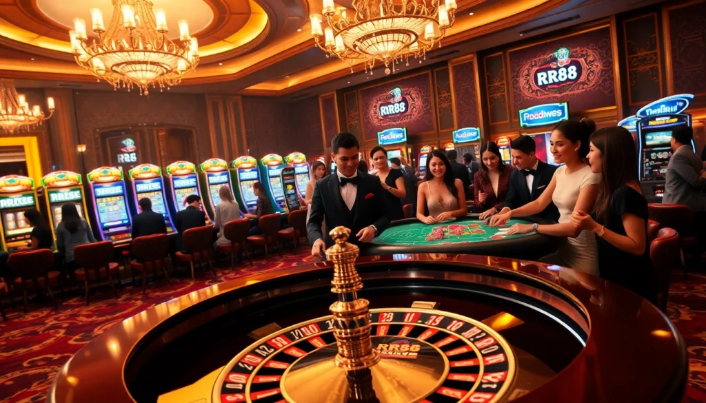 Players enjoying gaming excitement at RR88 casino, featuring roulette and vibrant chips.