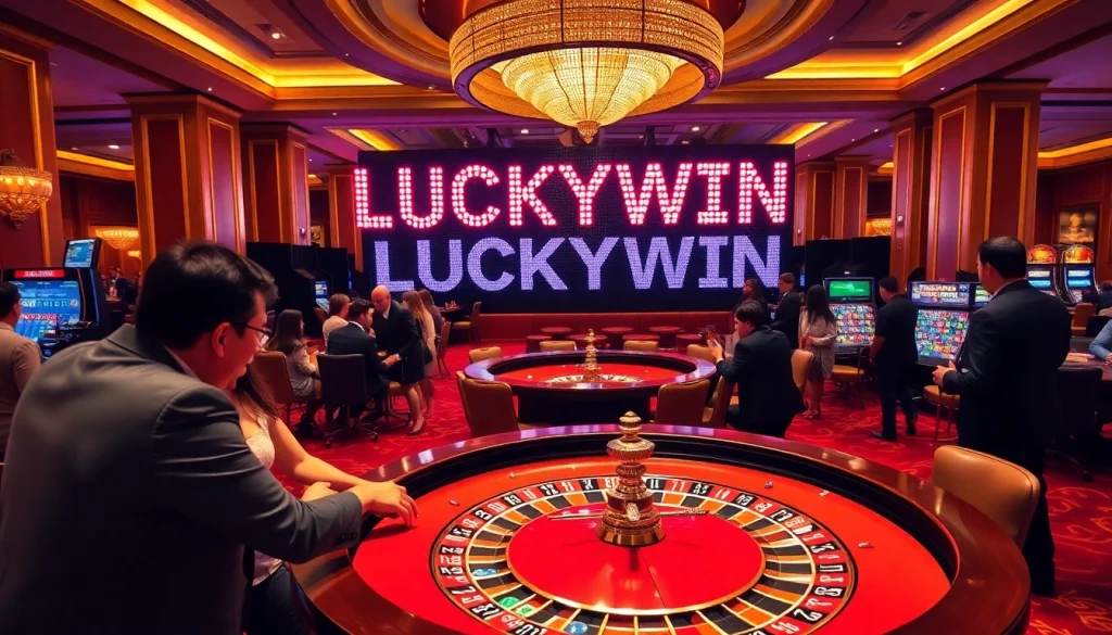 Players engaging at a roulette table in a vibrant casino for a LUCKYWIN experience.
