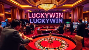Players engaging at a roulette table in a vibrant casino for a LUCKYWIN experience.