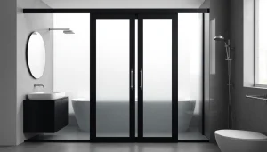 Enhance your bathroom with a stylish black shower sliding door featuring a sleek design and modern aesthetic.