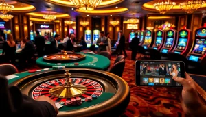 Players enjoying a thrilling game at Okwin poker tables in a vibrant casino atmosphere.