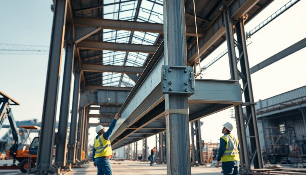 Structural steel installation showcasing precise teamwork in an industrial environment.