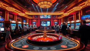 Players engaging in thrilling games at nhà cái thabet’s luxurious casino tables with vibrant slot machines.