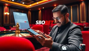 SBOBET online betting experience with digital interface, casino tables, and vibrant decor.