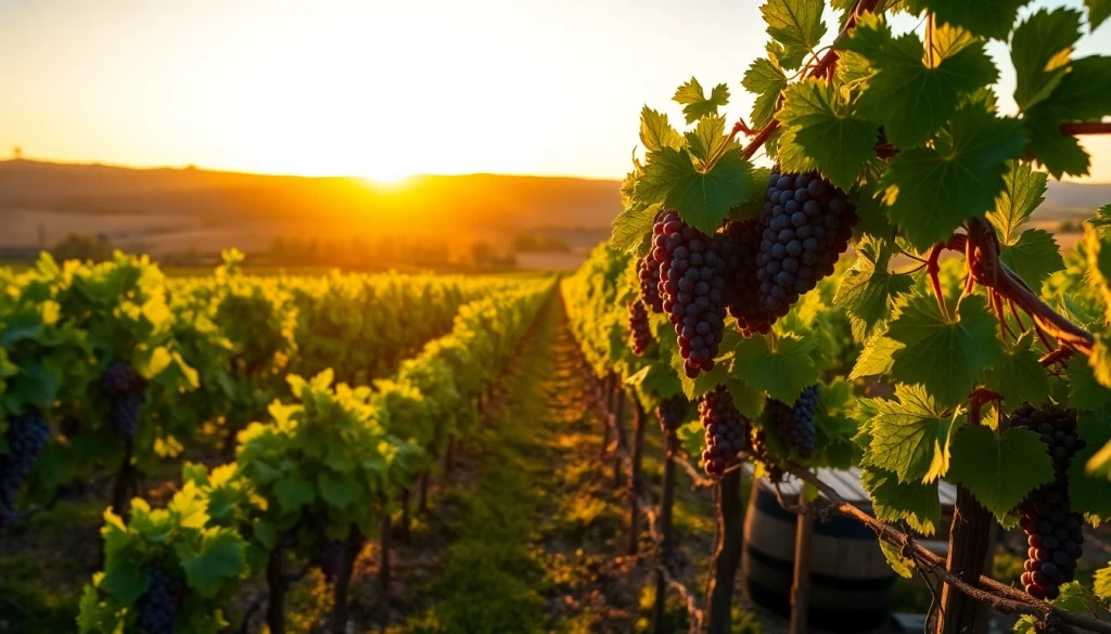 Capture the essence of wineries in Clarksburg with picturesque vineyards against a sunset backdrop.