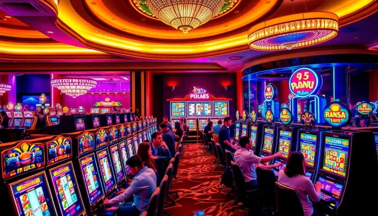 Players enjoying slot pulsa machines in a vibrant casino setting filled with excitement.