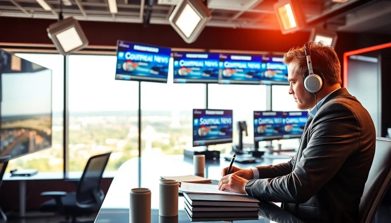 Capture of a journalist focused on producing news for https://southernmarylandchronicle.com set in a lively newsroom.