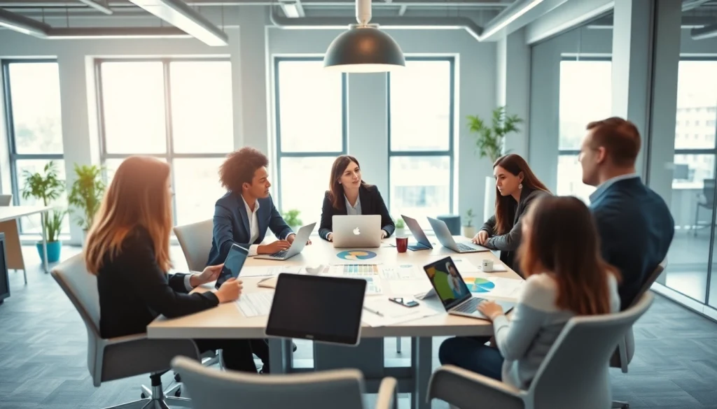 Marketing Agency team collaborating in a bright office during strategy session.