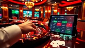 A player enjoying the excitement of gambling at a rich casino scene while exploring https://tobet88bet.com/ for online betting options.