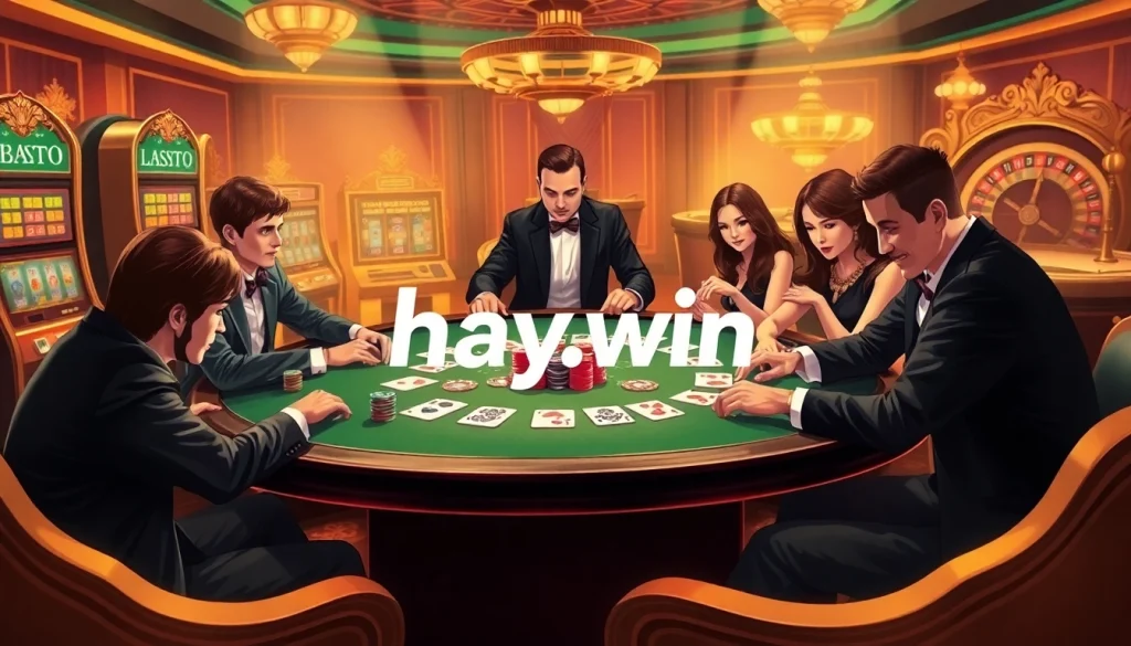 Excited players enjoying poker at hay.win, showcasing a luxurious casino atmosphere.