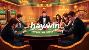 Excited players enjoying poker at hay.win, showcasing a luxurious casino atmosphere.