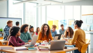 Education setting with diverse students collaborating in a modern classroom.