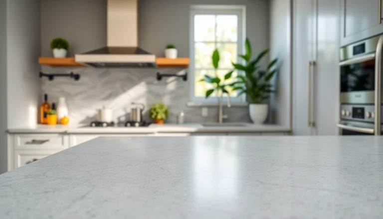 Stylish Caesar stone countertop enhances a modern kitchen setting with greenery.