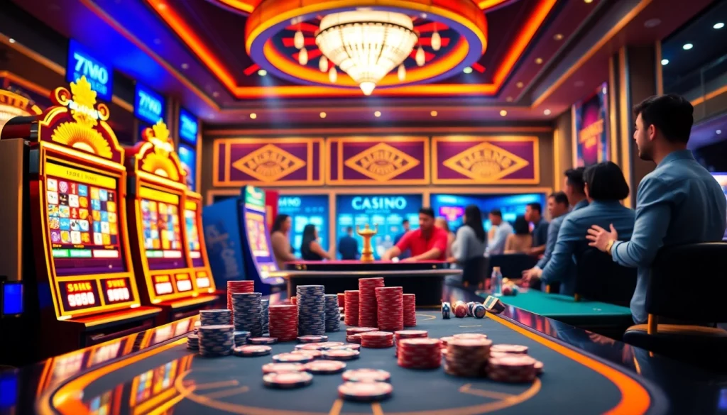 Experience thrilling gameplay at idn slot 777 with vibrant slot machines and poker tables.