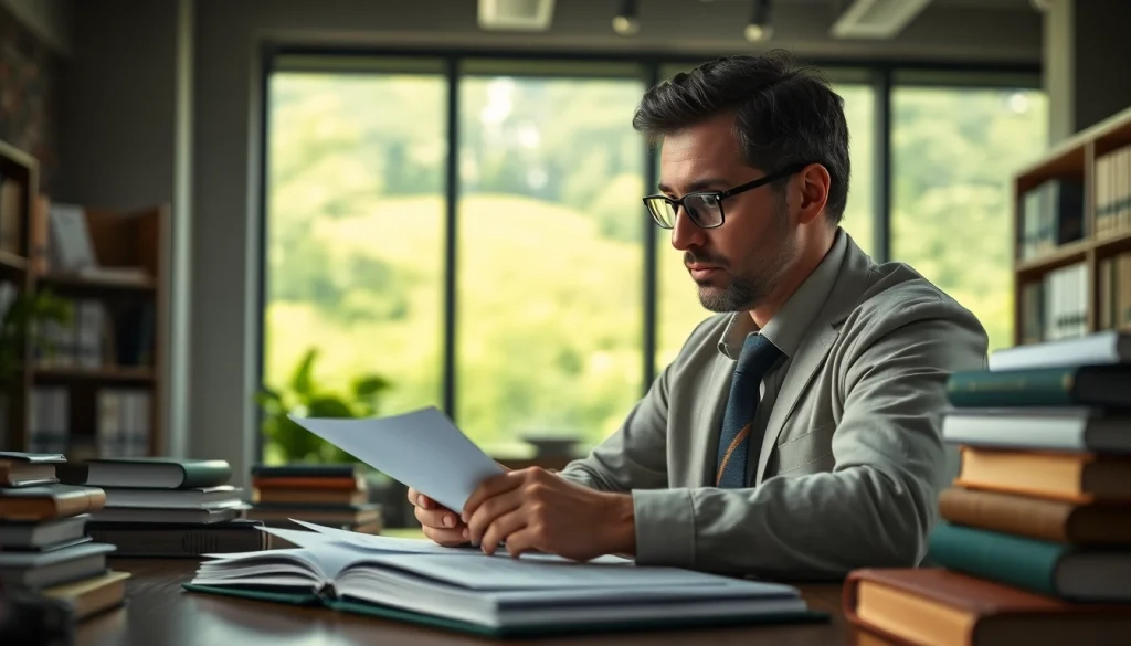 Environmental lawyer reviewing documents in a modern office filled with greenery