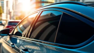 Car with window tint Chattanooga reflecting sunlight in a vibrant city setting.