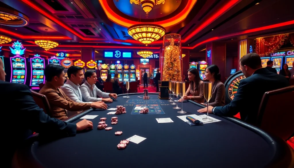 Players enjoying high-stakes poker at a luxurious casino scene inspired by https://kkwinzz.com/ with vibrant roulette and slot machines.