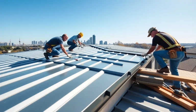 Metal roofing Toronto installation showcasing professionals at work on a modern home.