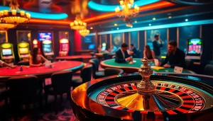 Experience thrilling gaming atmosphere at a luxury casino with lk21 indoxxi-themed poker tables and vibrant slot machines.