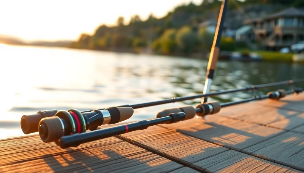 Showcasing the best fly fishing rods on a serene dock beside a river.