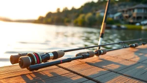 Showcasing the best fly fishing rods on a serene dock beside a river.