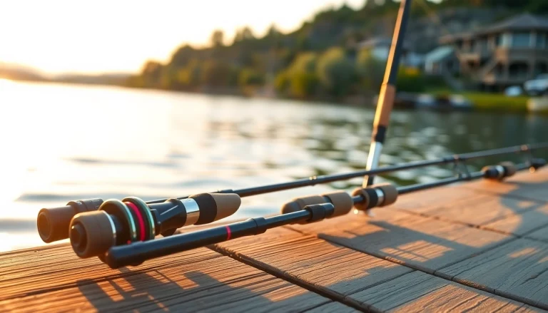Showcasing the best fly fishing rods on a serene dock beside a river.