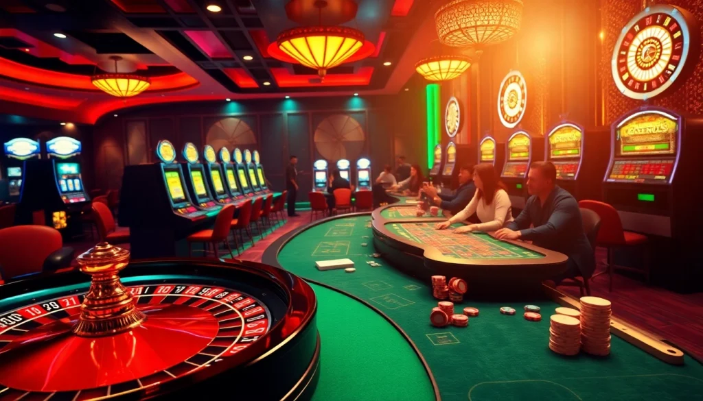 The official hidden wiki showcased on a vibrant casino floor with players at poker and roulette tables.