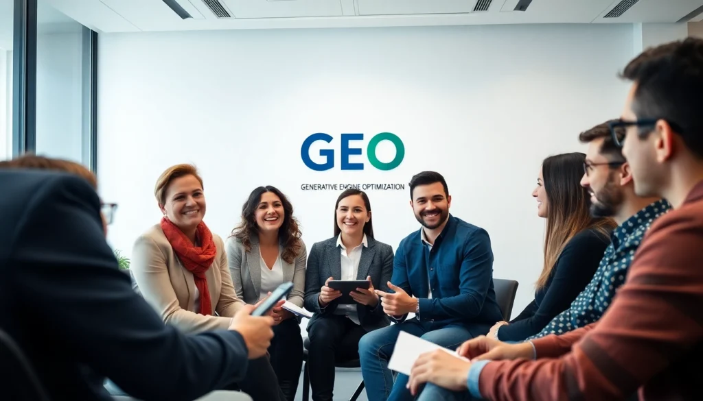 GEO Agentur experts collaborating on strategy in a bright office.