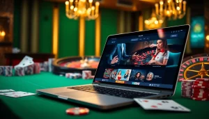Engaging gambling scene with html porn games displayed on a laptop amidst casino elements.
