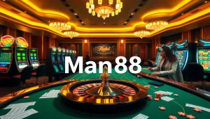 Experience thrilling casino action at Man88 with poker chips and roulette wheels in a vibrant online gambling atmosphere.
