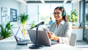 AI Receptionist engaging with callers in a vibrant office setting.