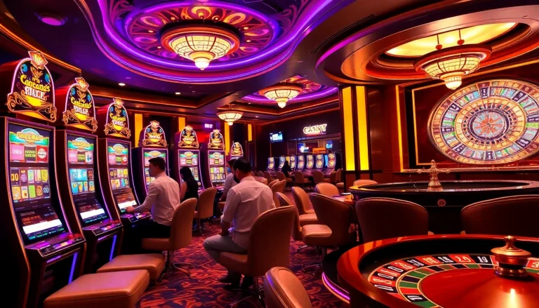 Pemain menikmati mesin slot pulsa yang berwarna-warni dengan jackpot menarik dan lampu berwarna cerah.