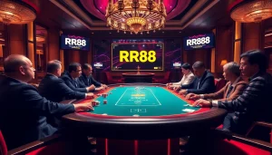 RR88 poker game in a luxurious casino lobby with vibrant lighting and elegant decor.