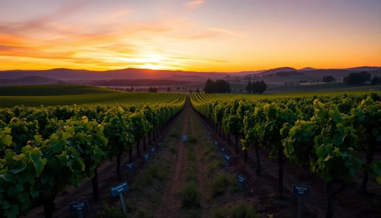 Carksburg CA vineyard at sunset with vibrant grapevines and rolling hills.