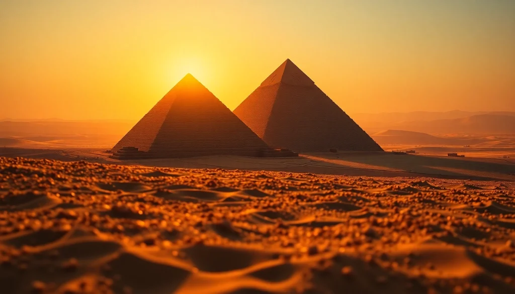 View of the Great Pyramid of Giza highlighted against a sunset sky, showcasing the ancient piraminds.
