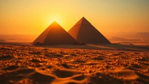View of the Great Pyramid of Giza highlighted against a sunset sky, showcasing the ancient piraminds.