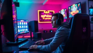 Jelajahi kehebatan qqpulsa Slot dengan gamer fokus di meja modern yang bercahaya.