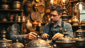 Zinn Ankauf Köln - Fachmann bewertet antike Zinnwaren in einem gemütlichen Laden.