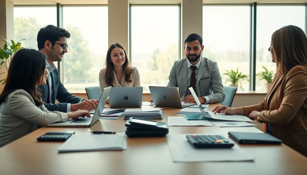 Efficient team working at a tax office with documents and laptops, showcasing professionalism and collaboration.