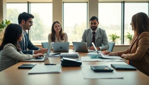 Efficient team working at a tax office with documents and laptops, showcasing professionalism and collaboration.