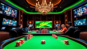 Engage in thrilling רמי אונליין action at a luxurious poker table with vibrant chips.