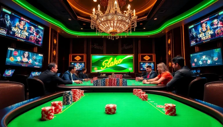 Engage in thrilling רמי אונליין action at a luxurious poker table with vibrant chips.